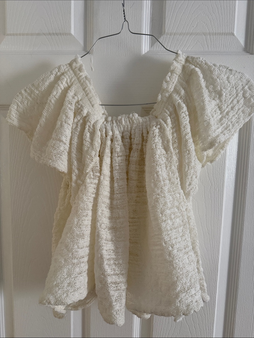 Free People Cream Thrills & Frills Textured Smocked Crop Flutter Top - size Smal